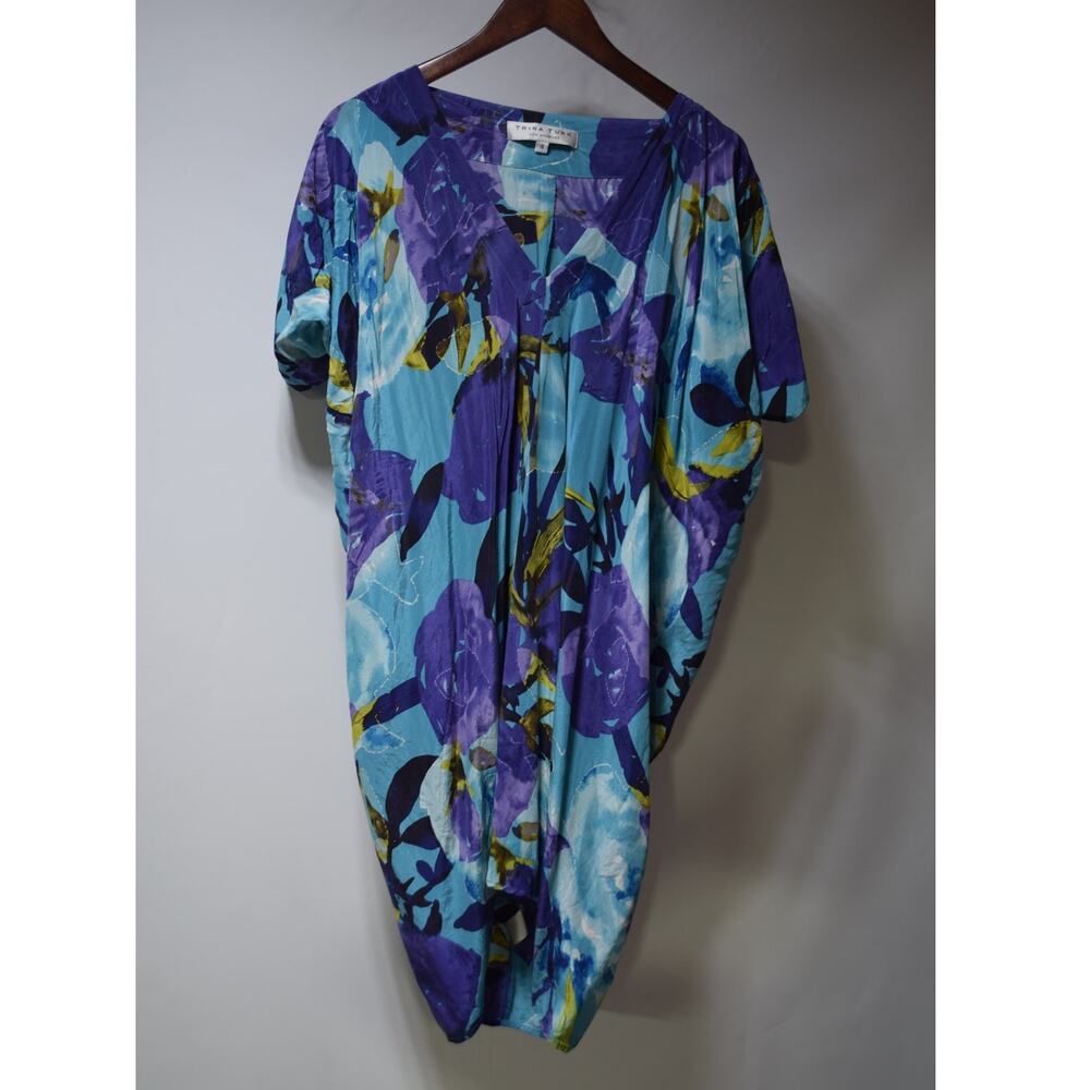 Trina Turk 100% Silk Floral Cocoon Dress Size 4 Blue Purple Made in USA